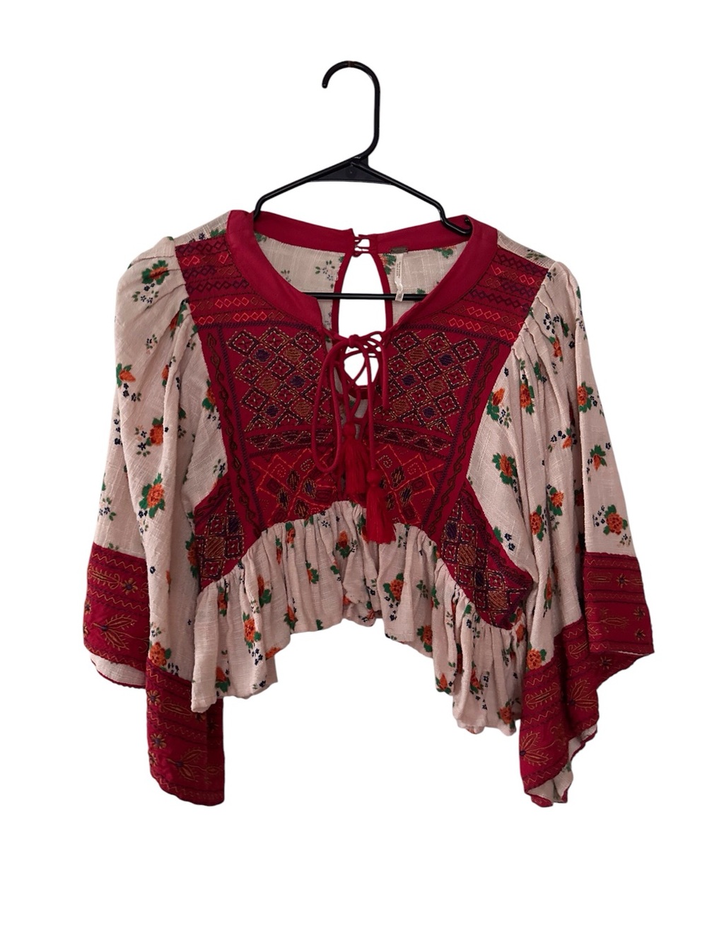 Free People Red & Cream Embroidered Lace-Up Peasant Top